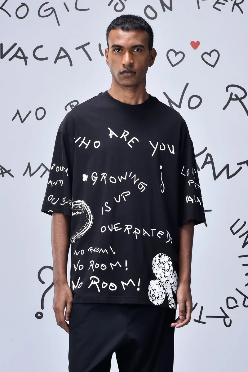 Genes Lecoanet Hemant Black Cotton Single Jersey T-Shirt with Hand-Drawn Graphic Text
